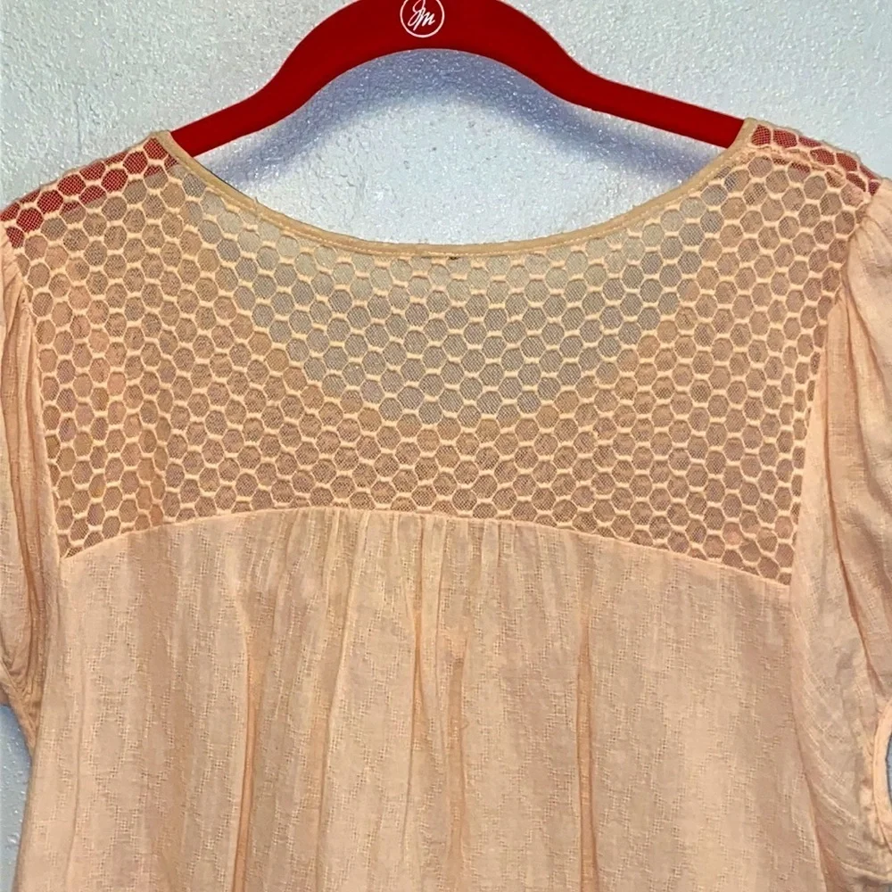 Free People Peach BoHo Fringed Hem Honeycomb Yoke Top 4367